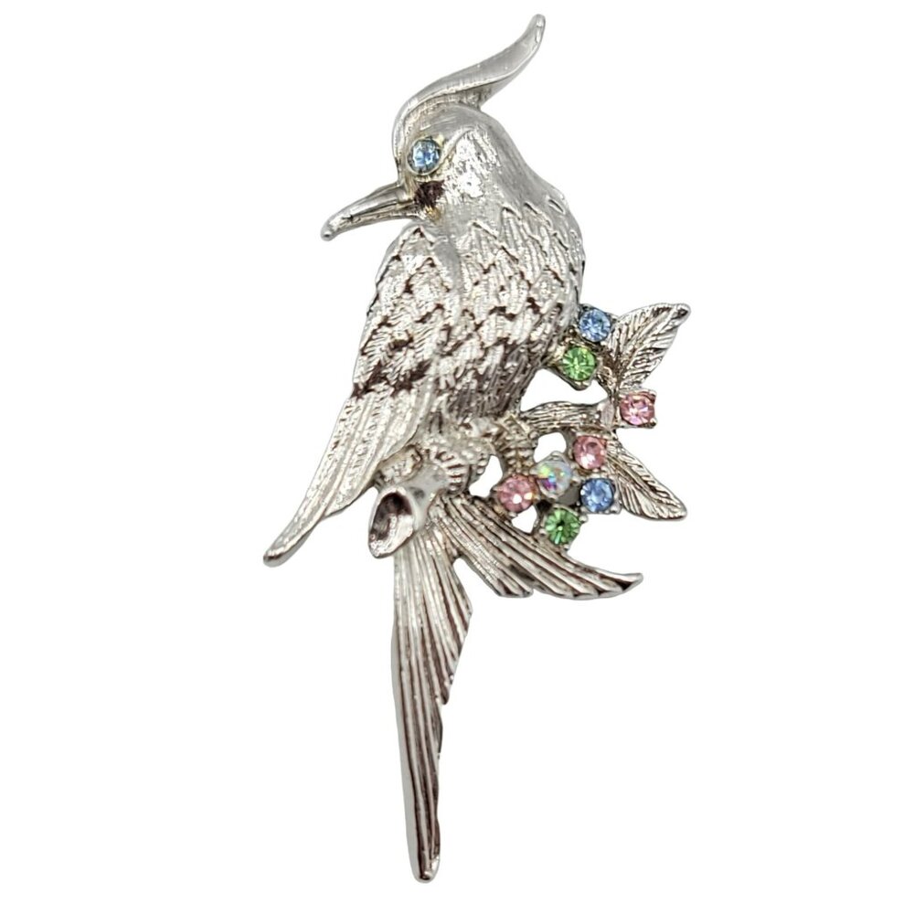 1928 Jewelry Co. Silver Tone Multicolored Rhinestone Bird of Paradise Brooch